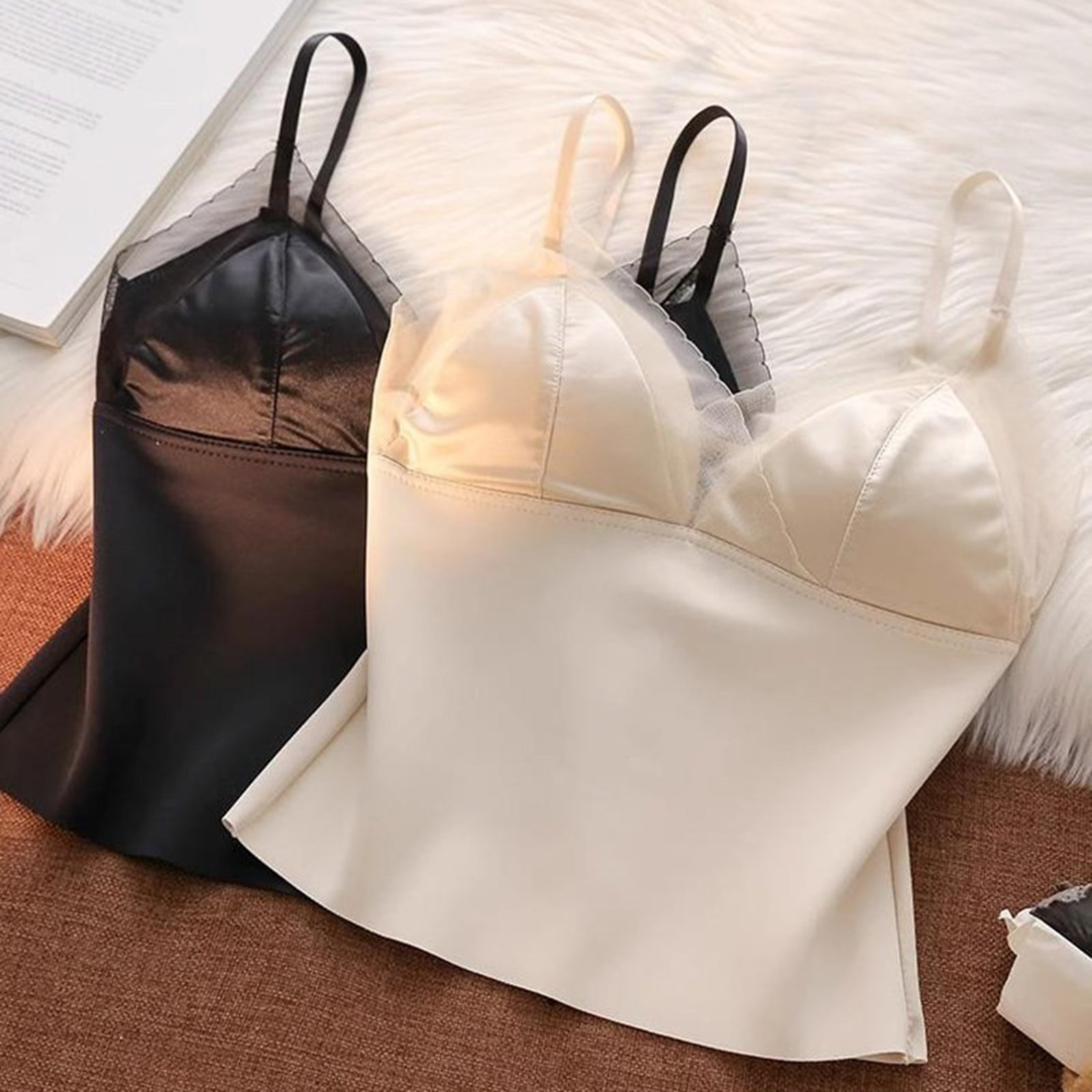 法式美背文胸一体背心女蕾丝边内搭打底衫短款V领带胸垫抹胸吊带