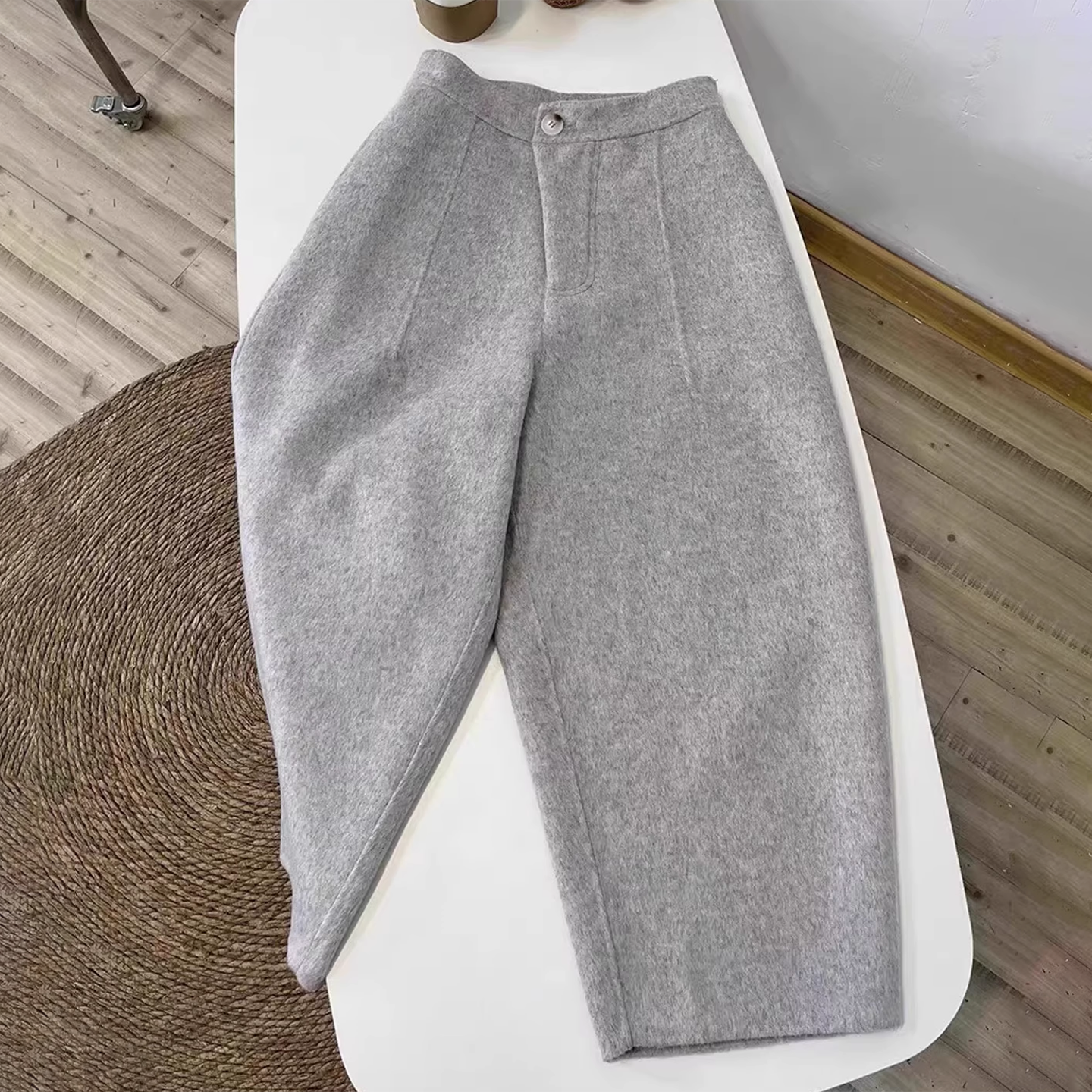 灰色毛呢阔腿裤女秋冬新款八分裤高腰显瘦弯刀裤小个子九分奶奶裤