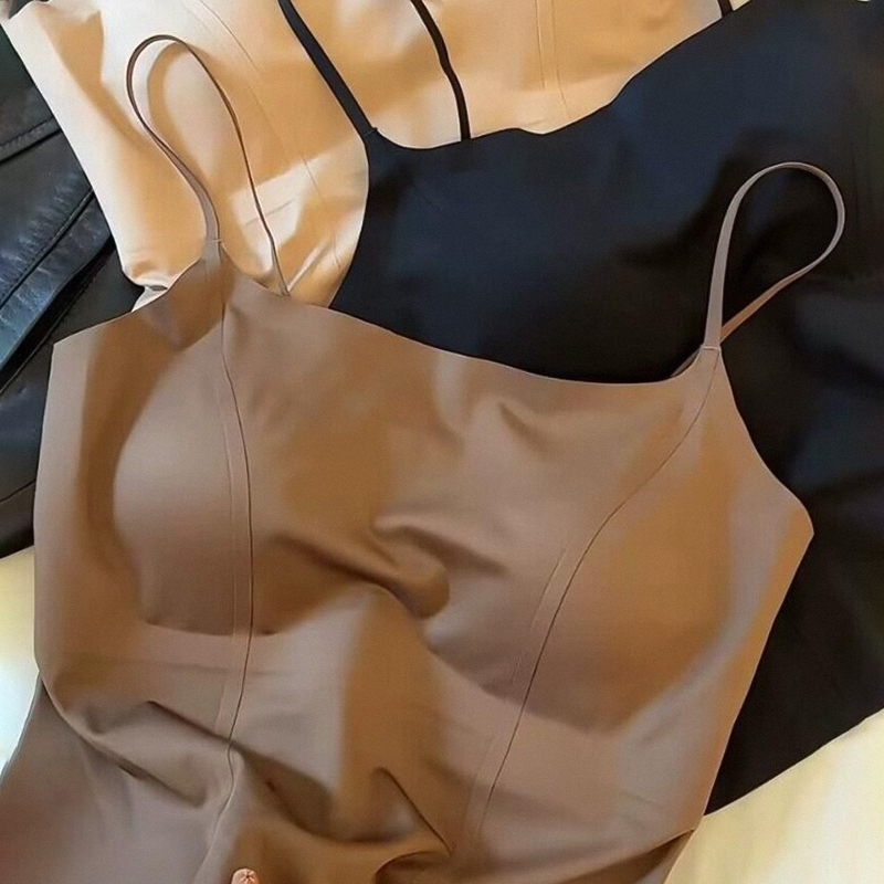 美背吊带文胸一体咖色抹胸上衣女修身无痕打底内衣带胸垫背心内搭