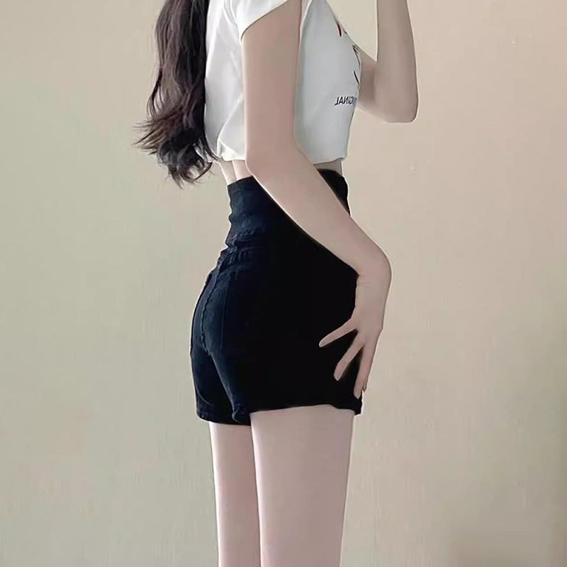 黑色弹力牛仔短裤女夏季薄款高腰显瘦遮胯a字裤小个字辣妹热裤