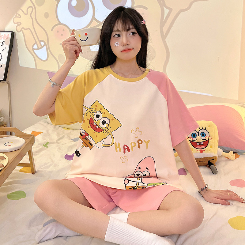睡衣少女士纯棉夏季短袖薄款半袖甜美卡通初中学生套头家居服套装