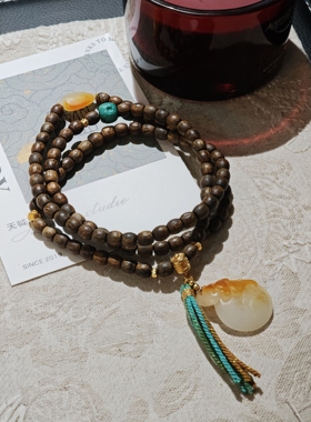 天钺｜福至金来＊原创设计和田玉籽料黄沁沉香手串