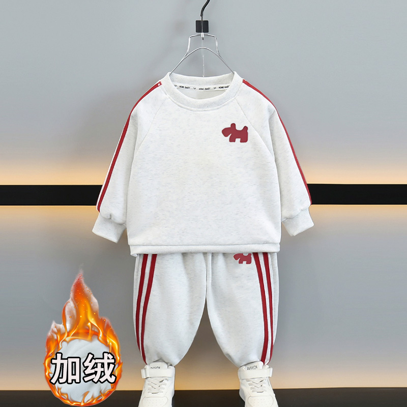 儿童运动休闲加绒套装2025秋冬装韩版男女童卡通印花加厚圆领套头