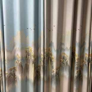 窗帘布遮光布落地窗麻料中国风大好河山兰色灰色两色简约窗帘飘窗