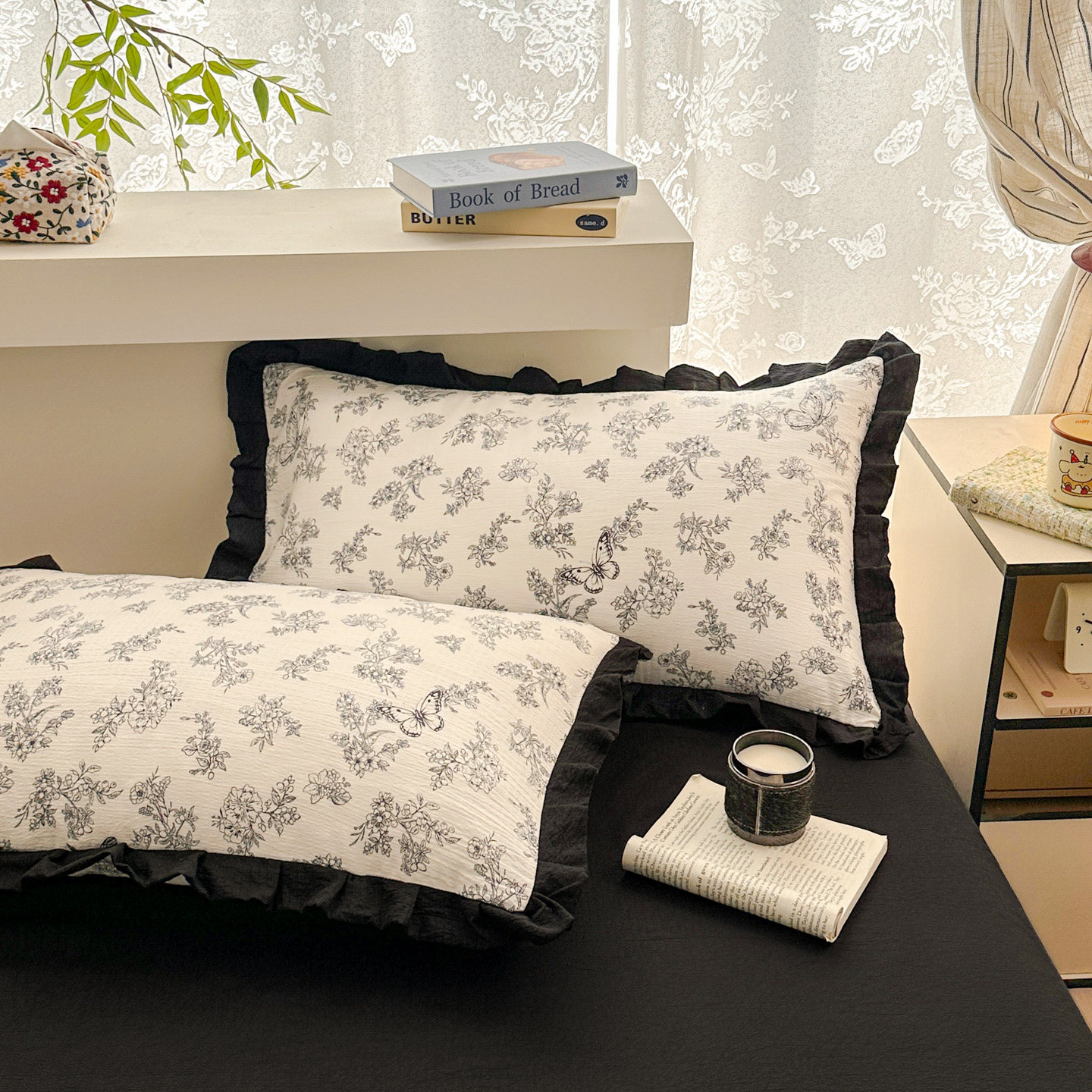 荷叶纯棉枕套一对装法式家用女生全棉枕头套2单人枕套一只48*74cm
