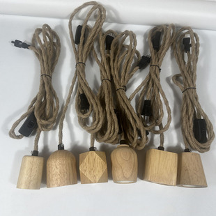 实木麻绳开关电线吊灯带插头带木灯头杯酒吧卧室客厅家用复古E27