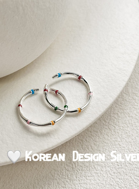 S925纯银韩版时尚彩色滴釉彩虹戒指小众设计简约高级感指环设计感