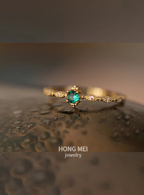 S925纯银镀18K金祖母绿钻开口戒指女时尚轻奢设计复古宫廷风指环