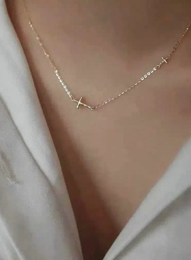 S925纯银镀14K金迷你褶皱十字架项链女馨子同款ins高级感锁骨链