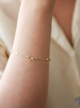 S925纯银镀14K金麻花蝴蝶结手链女 四叶草简约文艺气质ins风手饰
