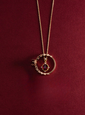 S925纯银镀18K金红宝石项链轻奢复古百搭气质石榴红锆石锁骨链女