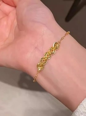 S925纯银钱多多爆闪碎冰冰金色五帝钱手链精致轻奢高级感新中式国