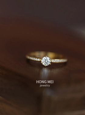 S925纯银镀18K金经典六爪钻戒指女简约设计高级感轻奢时尚百搭指