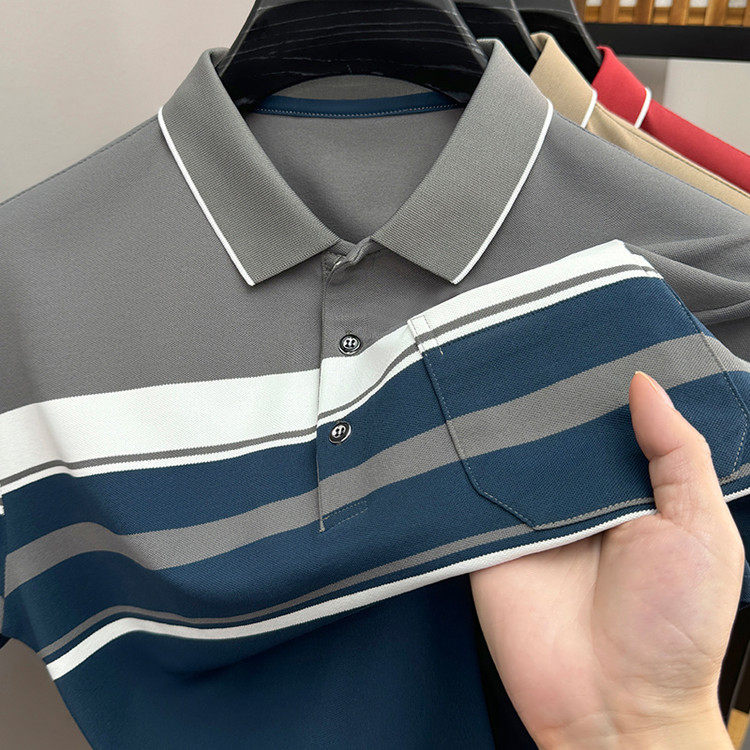 中年男装t恤爸爸夏装短袖中老年人男polo衫商务条纹休闲父亲衣服