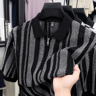 针织polo衫男款痞帅高级感短袖夏季拉链条纹v领t恤衫男士2026新款