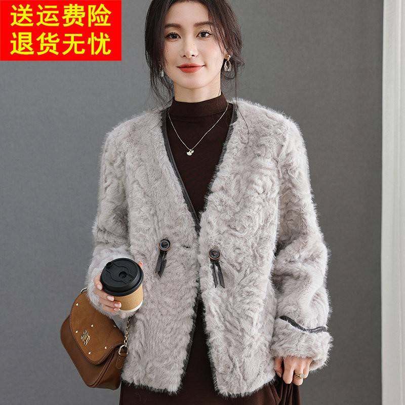 水貂绒皮草大衣女短款开衫V领高级感皮毛一体小个子秋冬保暖外套