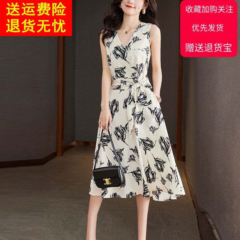 V领高腰连衣裙女2026年新款高端大牌气质印花夏季收腰显瘦无袖裙