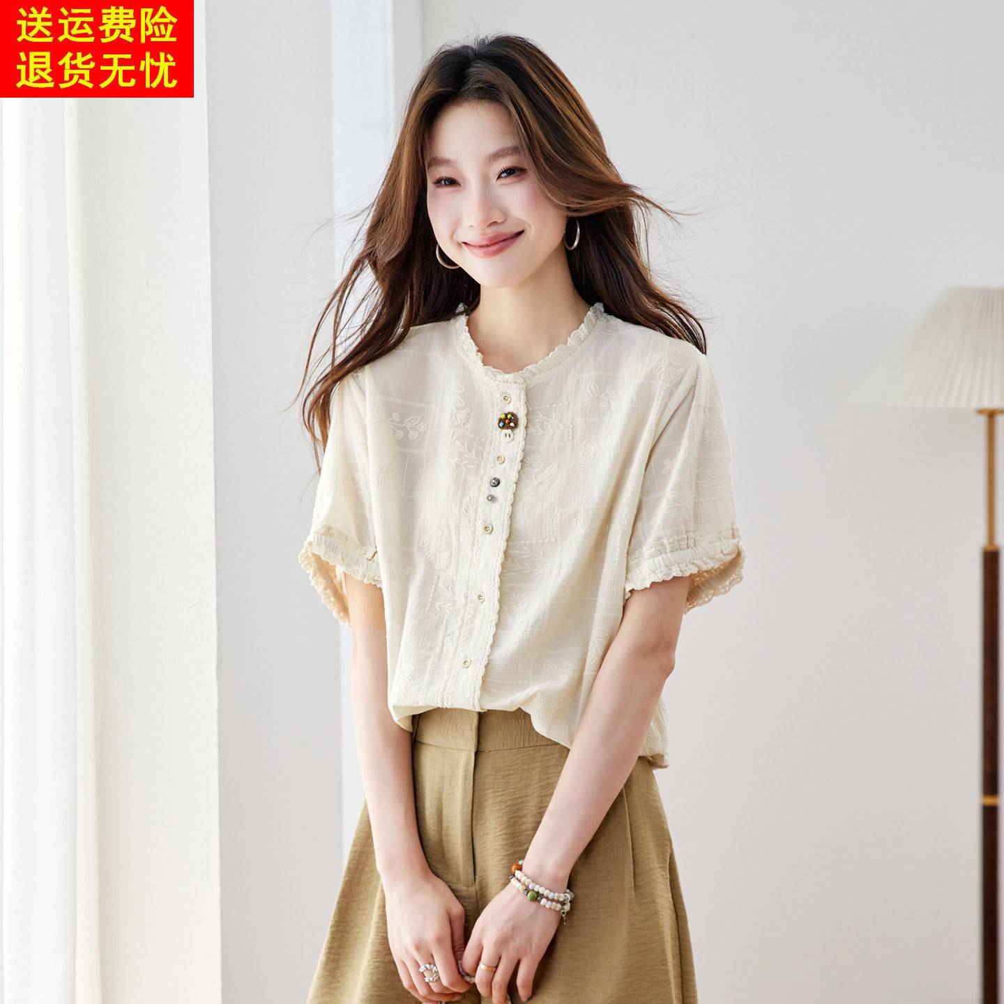 春夏新款小众设计感短袖衬衫女宽松显瘦百搭休闲上衣时尚T恤衬衫