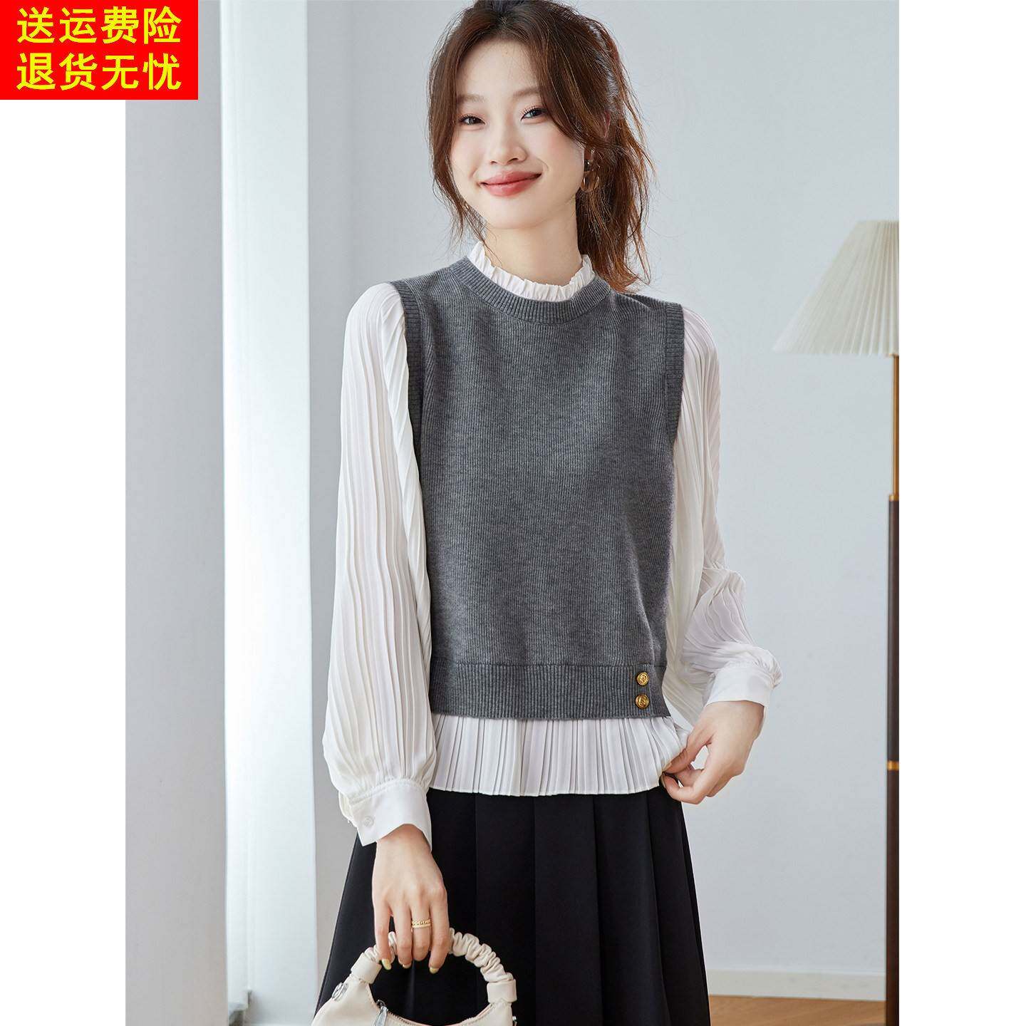 假两件衬衫拼接针织衫女2026春季新款设计感超火减龄早春长袖上衣