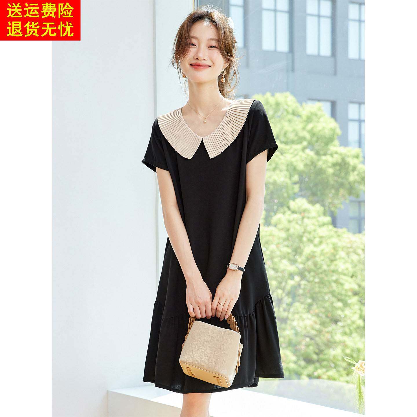 2025新款夏季黑色宽松显瘦薄纱雪纺短袖连衣裙超好看独特漂亮裙子