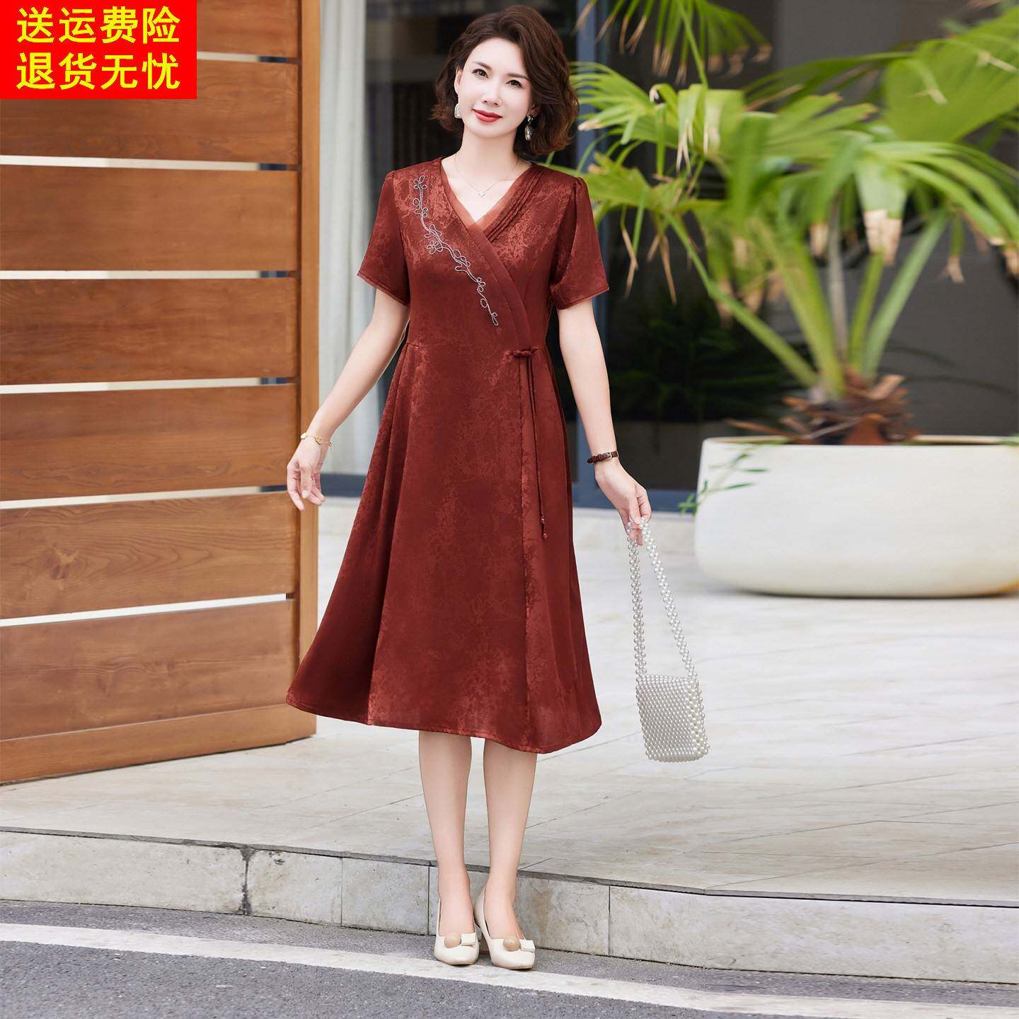 新中式高端香云纱真丝洋装女洋派减龄阔太太妈妈夏装桑蚕丝裙子