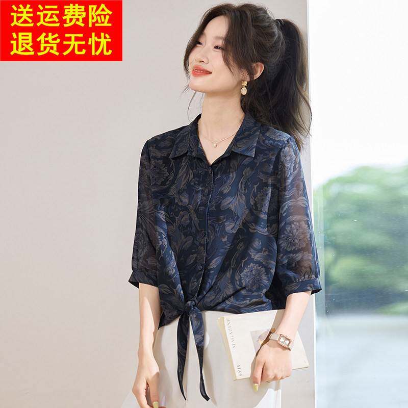 杭州真丝桑蚕丝女轻奢高级感上衣2025夏季新款薄款系带短袖衬衫