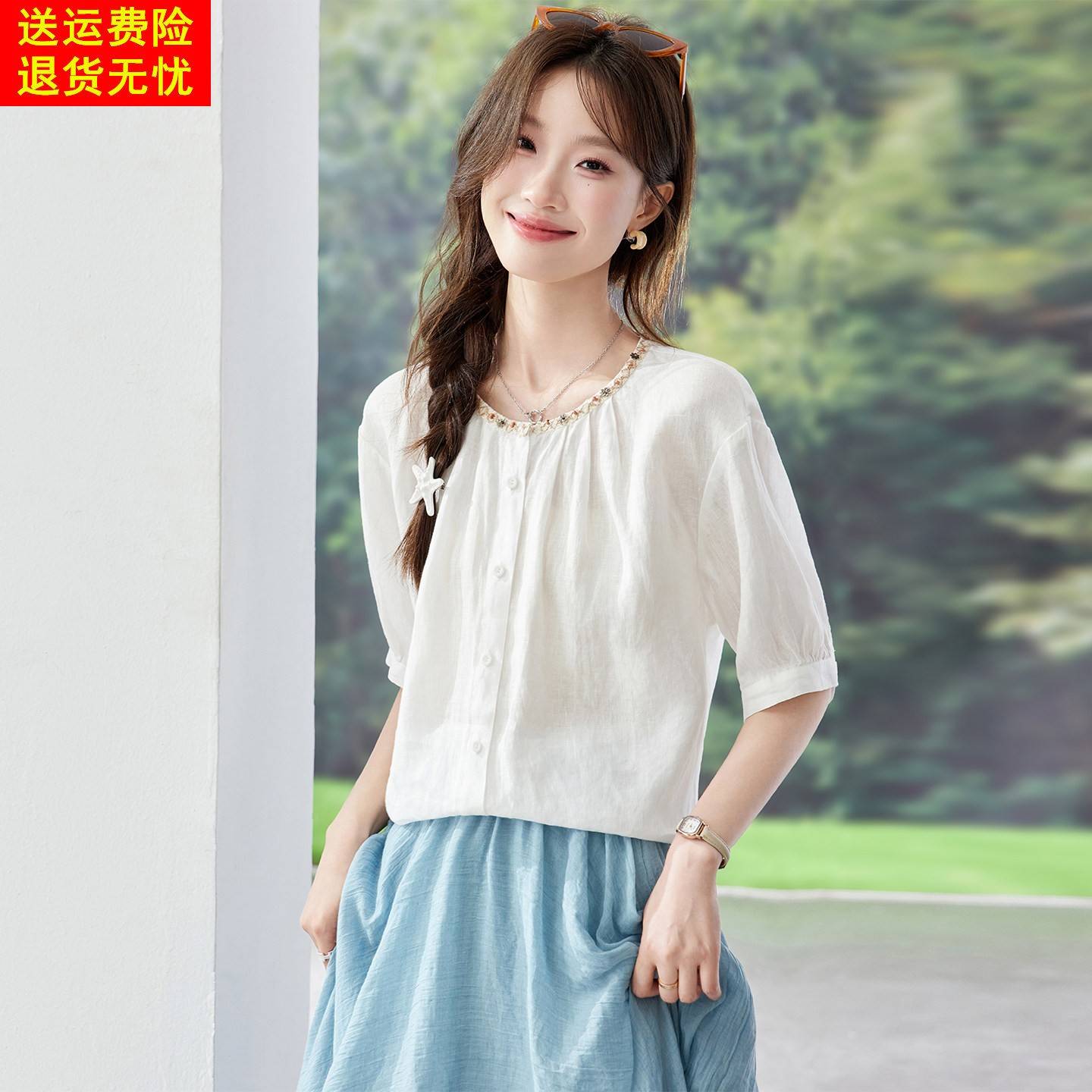 亚麻短袖衬衫女2026夏季新款超火减龄上衣今年流行的爆款女装小衫