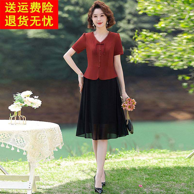 小个子妈妈夏季假两件真丝洋装洋派中老年女装显瘦桑蚕丝中裙子