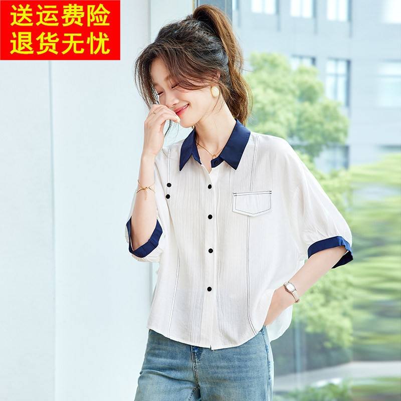 短款上衣2025夏季新款爆款翻领宽松短袖衬衫女薄款轻奢高级感小衫
