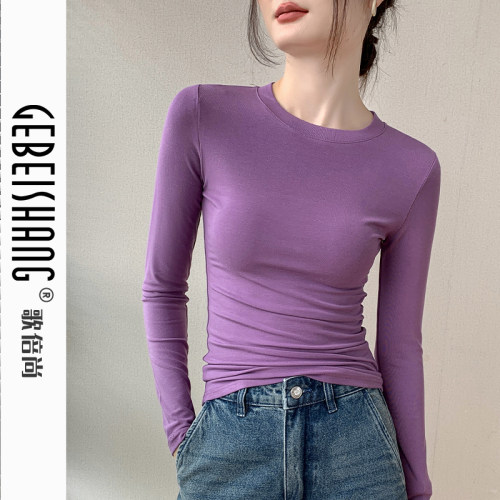 歌倍尚纯色正肩长袖T恤女