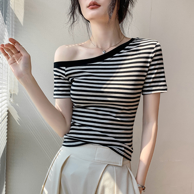 歌倍尚短袖撞色条纹修身t恤女