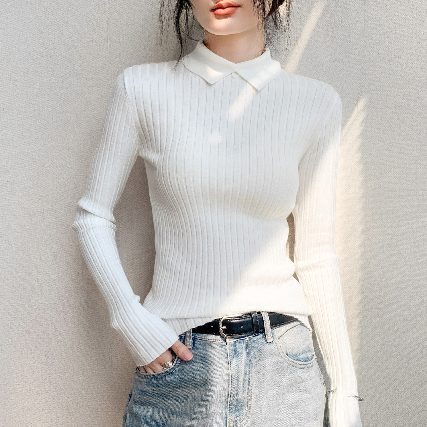 法式白色打底衫修身长袖针织衫女