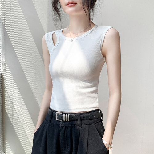 歌倍尚白色镂空背心女夏无袖上衣