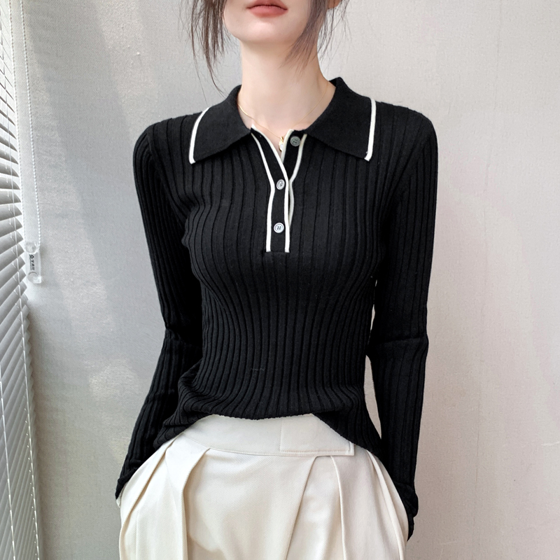 歌倍尚翻领纽扣打底衫女