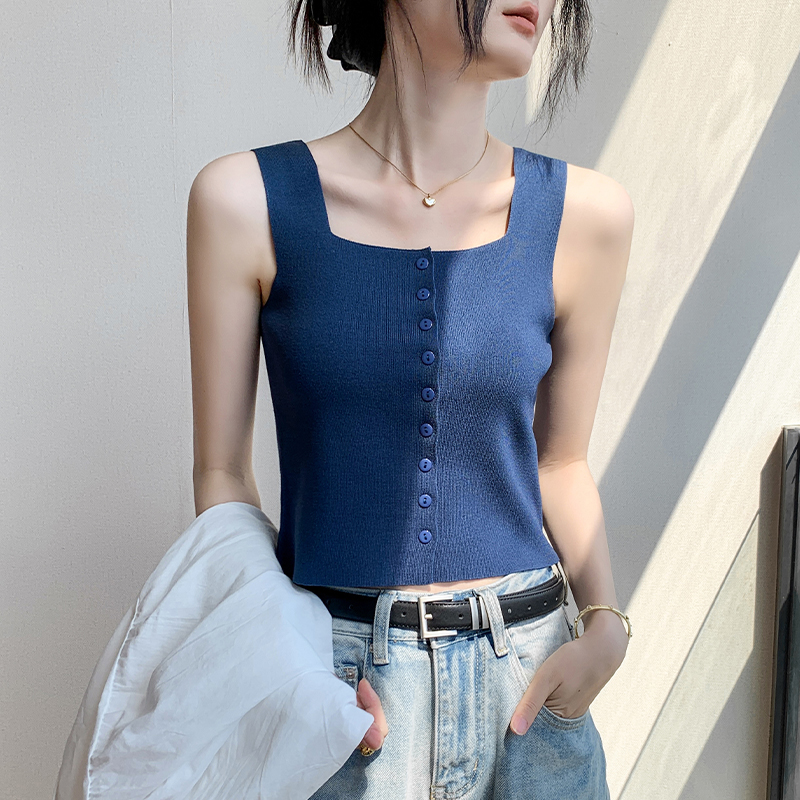 方领单排扣开衫纯色背心女2025夏