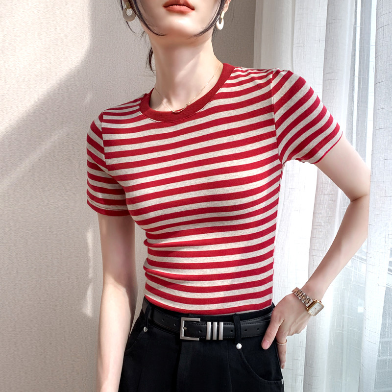 红色条纹短袖t恤女2024夏季新款正肩紧身显瘦外穿百搭圆领上衣
