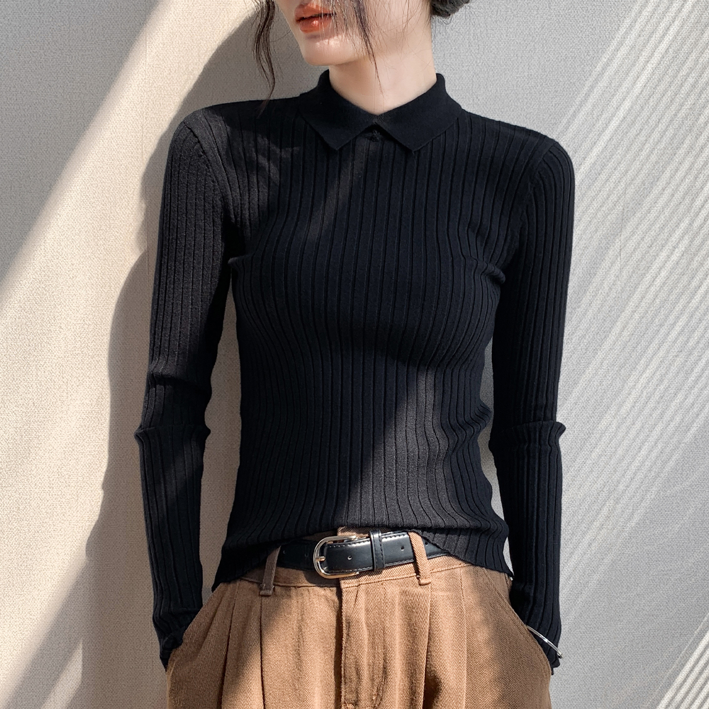 修身黑色长袖针织衫内搭打底衫女