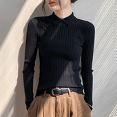 显瘦洋气超好看内搭打底衫 黑色Polo领长袖 女 新款 修身 针织衫 秋冬季