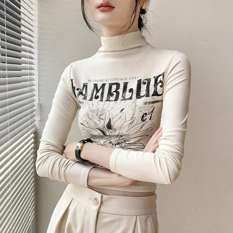 歌倍尚半高领印花长袖T恤女2025早秋修身西装内搭正肩上衣打底衫,女装/女士精品,T恤,淘宝优惠券,粉丝福利购,淘宝优惠卷