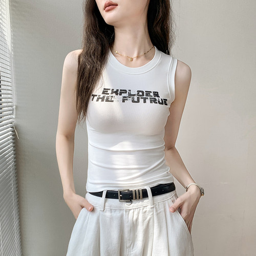 歌倍尚字母印花无袖背心女修身