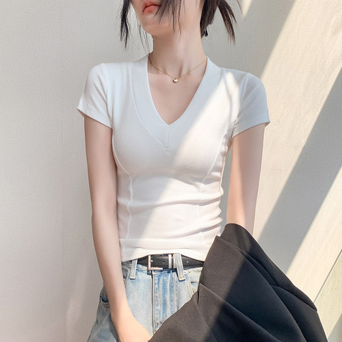 歌倍尚V领短袖纯色简约修身T恤女