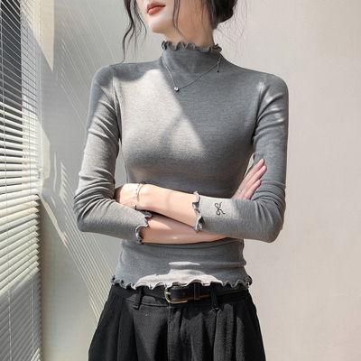 荷叶边半高领长袖T恤女高级上衣