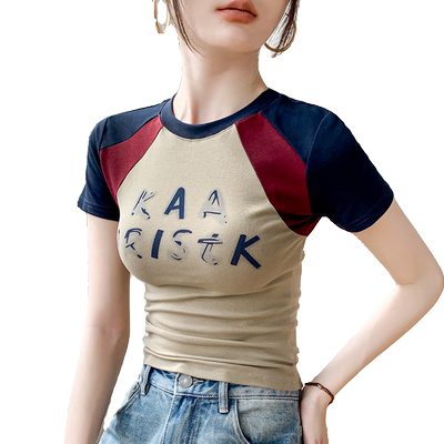 拼色圆领掐腰热辣美式短袖T恤女