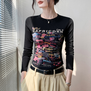 正肩多巴胺外穿修身 新款 显瘦小众上衣 T恤女205秋季 圆领涂鸦长袖