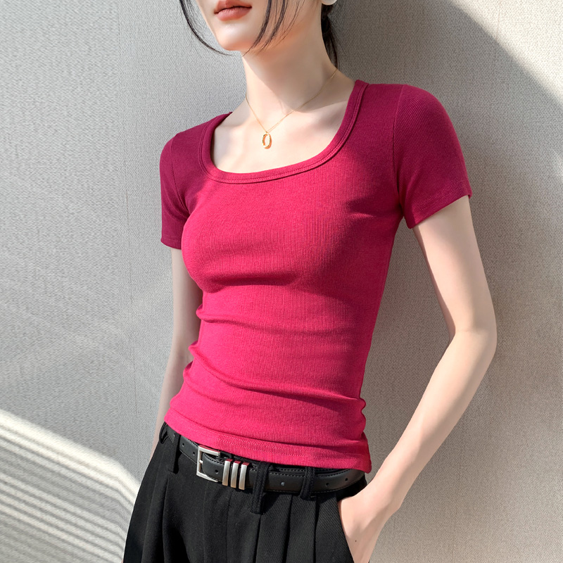 方领短袖T恤女2025新款修身漏锁骨体恤上衣正肩树莓色半袖打底衫