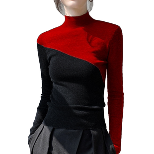 半高领拼色打底衫女2025秋冬新款拼接羊毛长袖中领内搭针织衫薄款