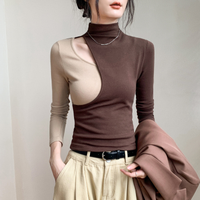拼色镂空半高领长袖T恤女上衣