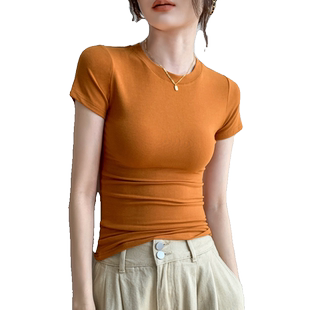 正肩短袖t恤女2025新款小圆领透气基础款内搭修身显瘦橘色打底衫