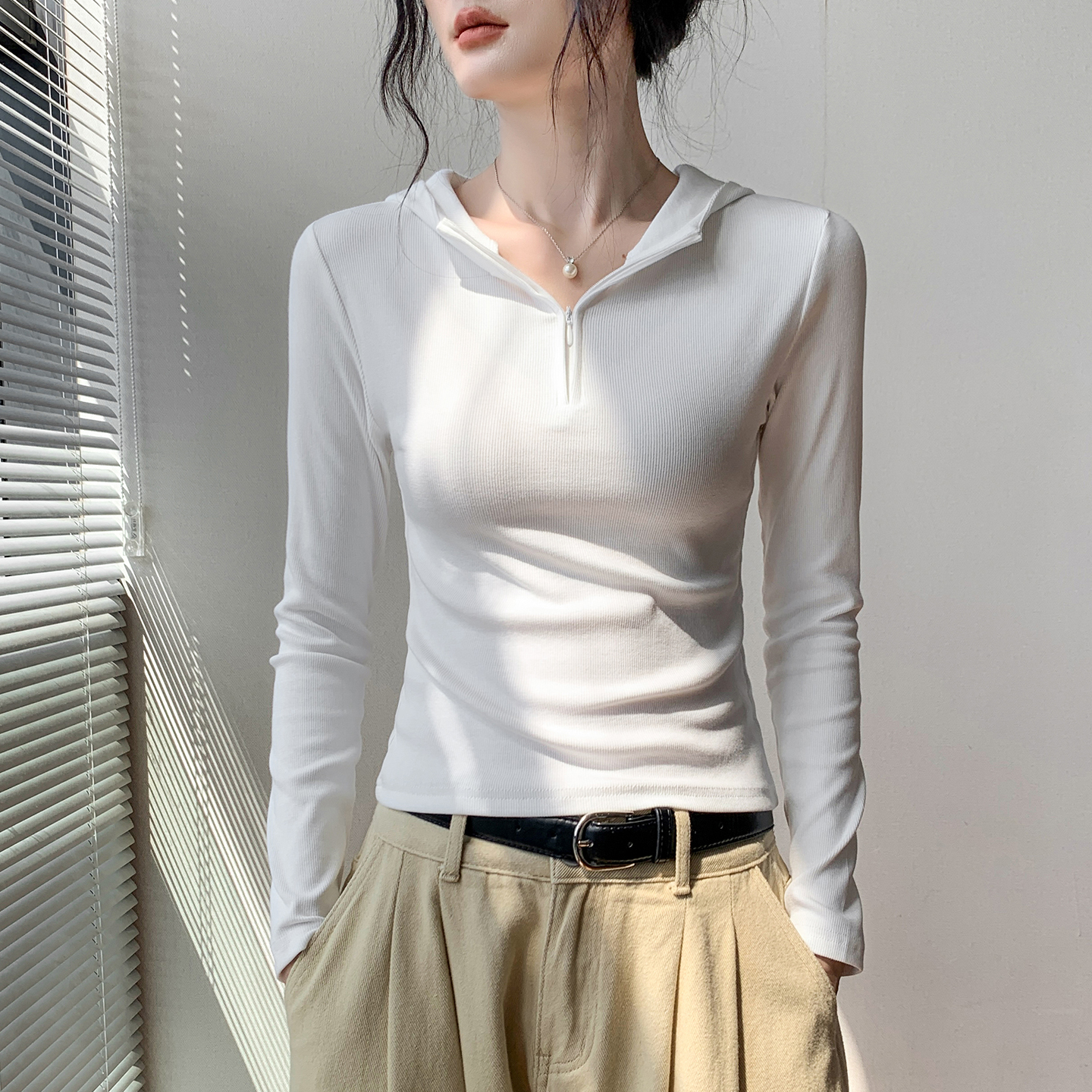 韩版磨毛拉链半开领连帽长袖T恤