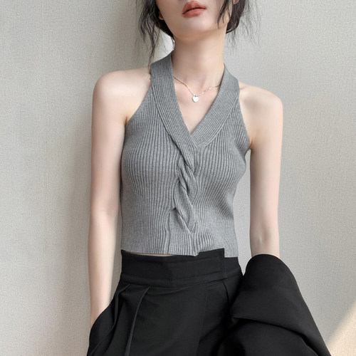 歌倍尚法式扭结针织修身背心女